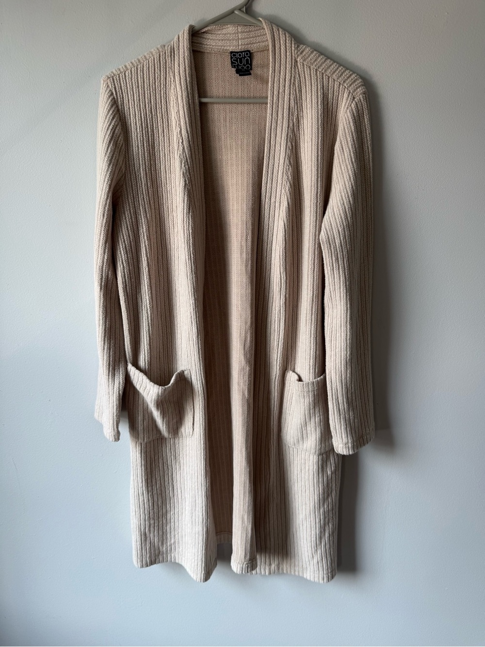 Clara Sun Woo Long Open Front Ribbed Cardigan Sweater Kimono Tan Beige Hippie XS